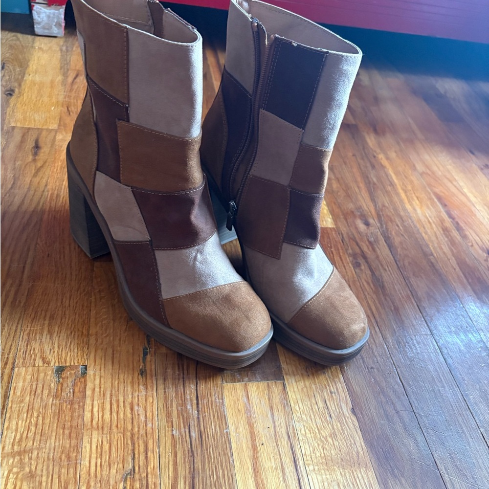 Target Brown and Tan Heeled Boots with Chunky Heel